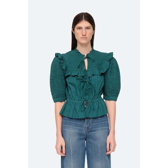 Sea New York Casey‎ Top Smocked Tie Front Puff Sleeves Ruffle Women's XXS Green - Picture 7 of 16